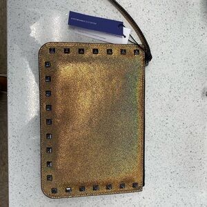 REBECCA MINKOFF Studded Glitter Metallic Gold Kerry Pouch Wristlet Clutch new